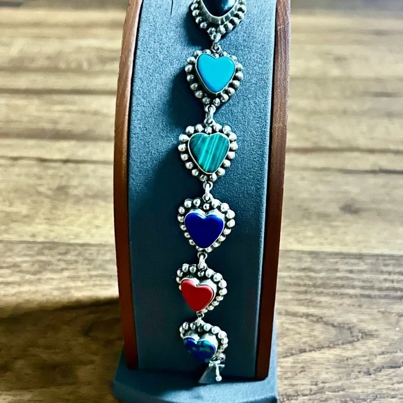 Vintage ~ Multi-Colors Gemstones Heart Shaped ~ .925 Sterling Silver Bracelet - Picture 3 of 15